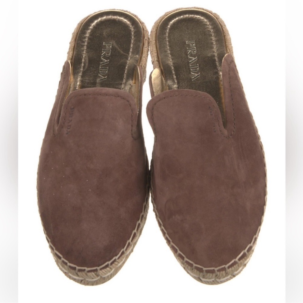 PRADA Espadrille Loafer Mule Slide Flat Shoe Brown Suede EUR 8